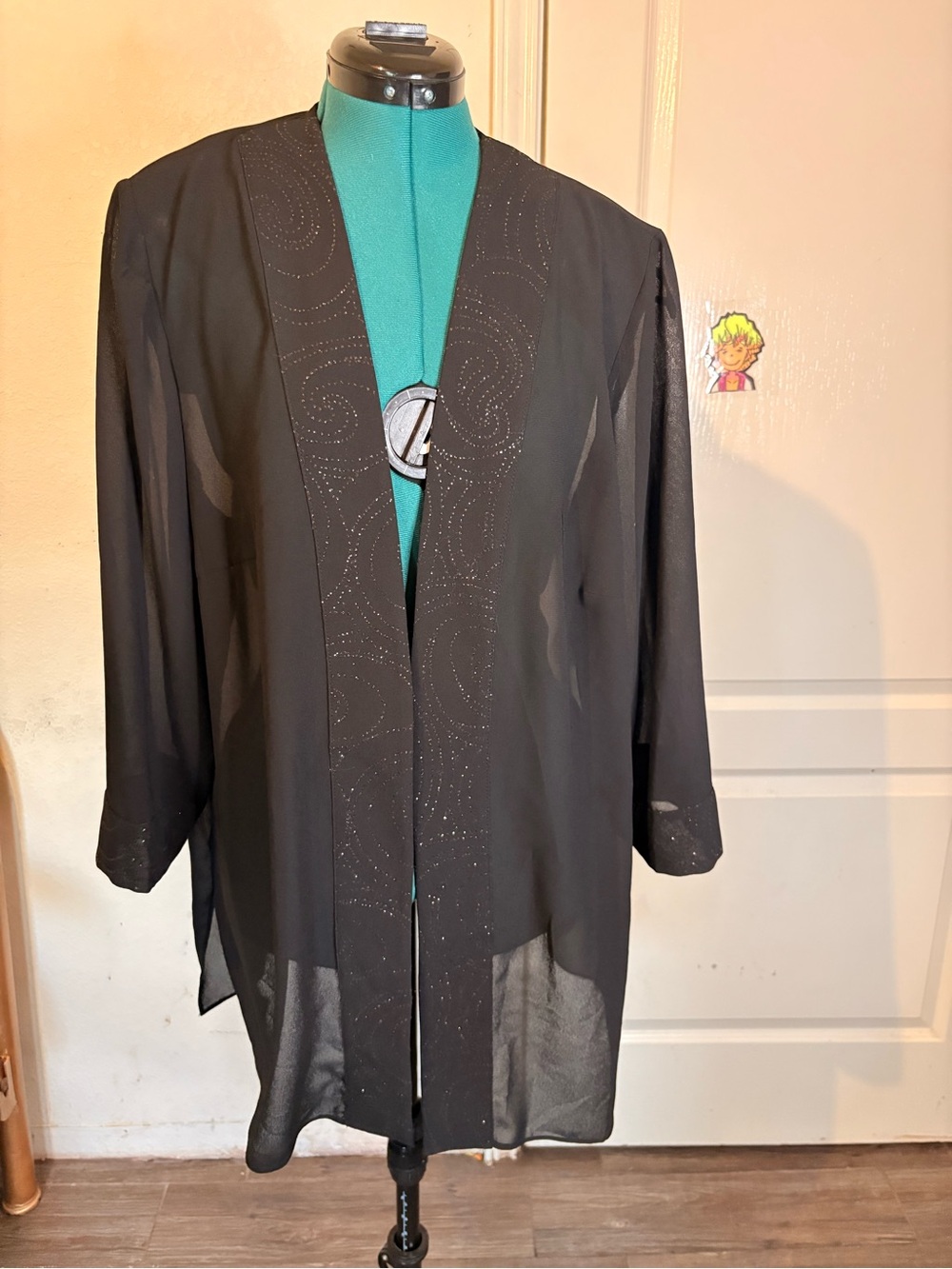 DKNY Black Sheer Open-Front Jacket with Subtle Sparkle
